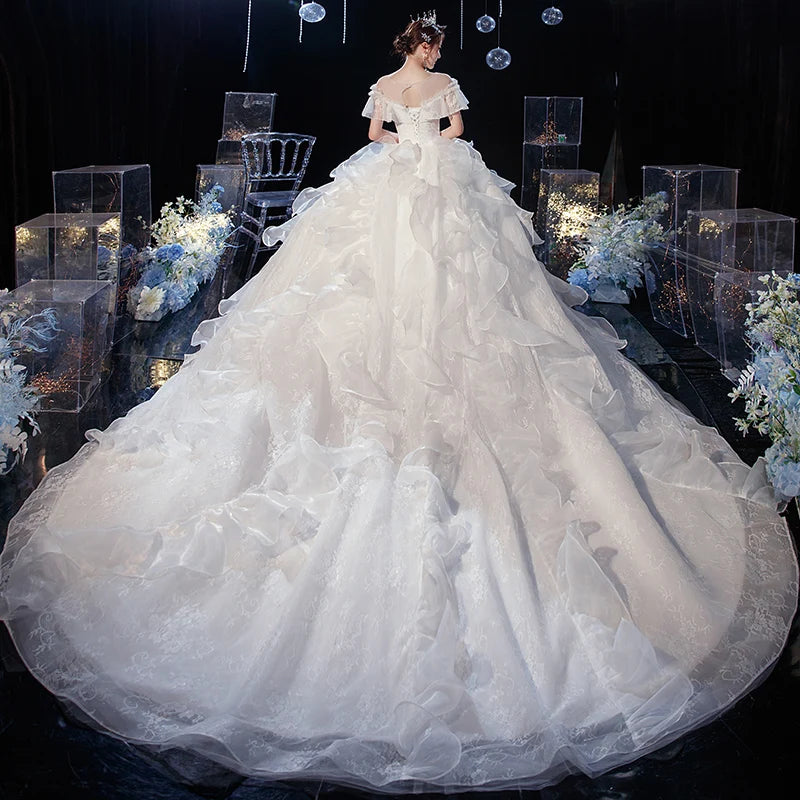 Hochzeitskleid Gryffon Luxus Spitzen Hochzeitskleid mit Zug Ballkleid Klassische Mütze Ärmel Prinzessin Kleider plus Anpassung