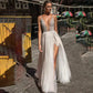 Boho Wedding Dress Sexy V Neck High Split Slit Skirt Tulle Beach Wedding Gowns Lace Appliqued Backless Bridal Dress