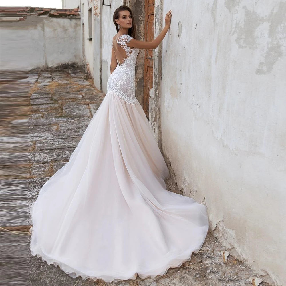 Cap Sleeve Lace Wedding Dresses Mermaid New Appliques Sequins Marriage Bridal Gowns Court Train Plus Size illusion