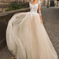 Champagne Tulle Wedding Dresses with Three Quarter Sleeve Lace Appliques Bridal Gown Illusion Back Button Sweep Train