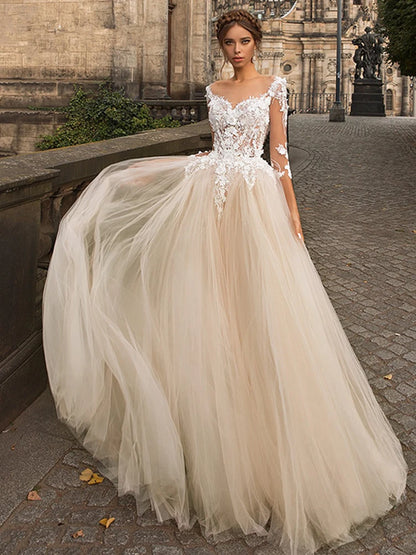 Champagne Tulle Wedding Dresses with Three Quarter Sleeve Lace Appliques Bridal Gown Illusion Back Button Sweep Train