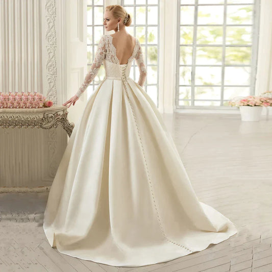 Abiti da sposa in raso con tasche a maniche lunghe o abito in pizzo arabo vestie vestido noiva