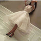 Moda sukienka ślubna Krótka suknia Biała kości słoniowej krótkie suknie ślubne koronkowe herbatę Długość Vestido de novia vestido novia