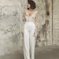 Wedding Pants Dress Sets Open Back Sexy V-Neck Top Lace Appliques Long Sleeves Illusion Jumpsuit Gown Formal Bridal Outfit