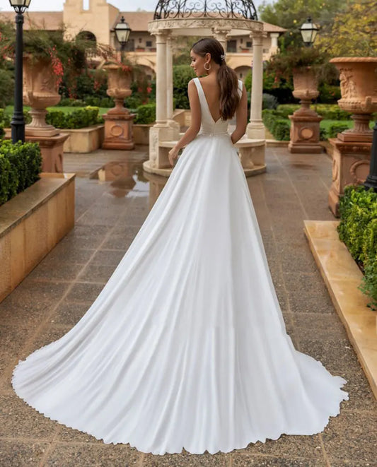 Modest Chiffon Wedding Dress For Bride V Neck Sleeveless A Line Pleats Beach Boho Bridal Gowns Plus Size Custom Made Vestidos