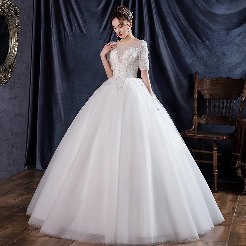 Hochzeitskleid Kurzarm klassische Pailletten Schnürung Ballkleid Prinzessin Luxus Vestido de Noiva Robe de Mariee