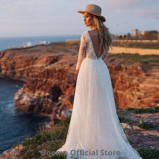 Eleganckie koronkowe sukienki ślubne boho długie rękawowe suknia ślubna A-line plażowa suknie ślubne bohemia księżniczka sukienka imprezowa