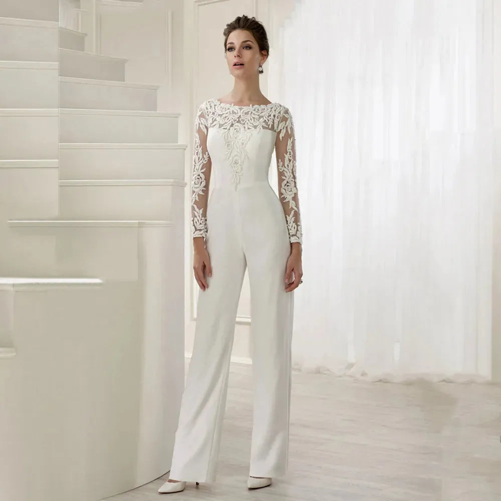 Jumpsuit Lace Wedding Dresses With Detachable Train Long Sleeves O-Neck Formal White Bridal Gowns Beaded Vestidos De Novia As picture