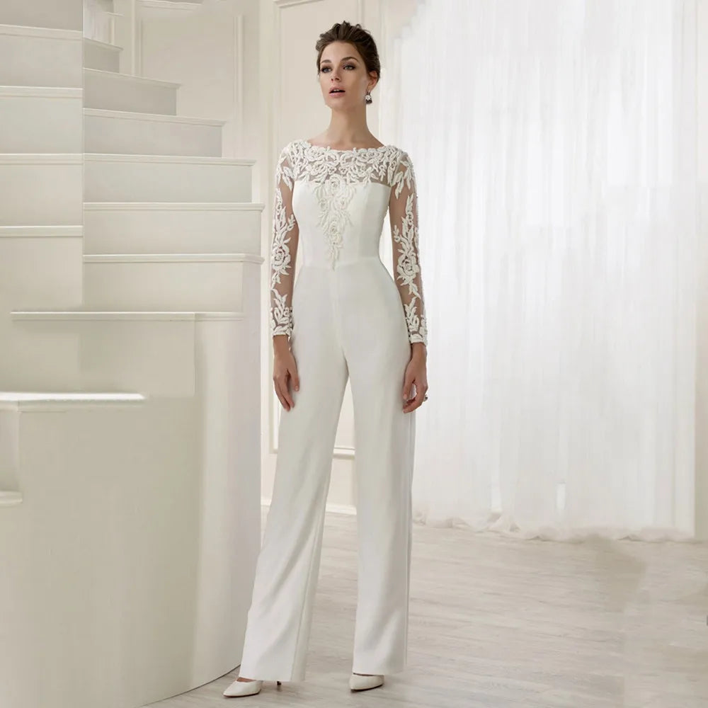 Jumpsuit Spitzen Brautkleider mit abnehmbarem Zug Langarm O-Neck formelle weiße Brautkleider Perlen Vestidos de Novia