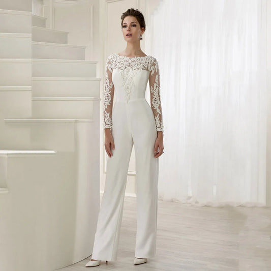 Jumpsuit Lace Wedding Dresses dengan kereta api yang boleh dilepaskan lengan panjang o-neck gaun pengantin putih formal manik vestidos de novia