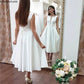 Elegante kurze Tee Länge Hochzeitskleid V-Ausschnitt Böhmische Robe de Mariee Charming Satin Beach Braut Kleid