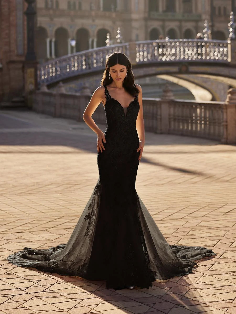 Vestido de novia de sirena bordado de encaje negro, vestidos elegantes sin mangas personalizados, vestido largo de tul de cola femenina