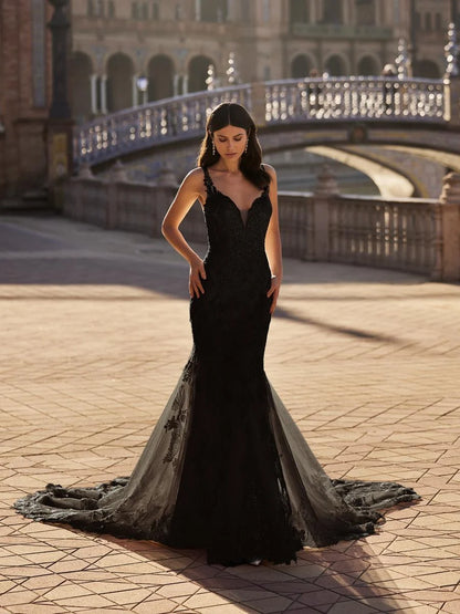 Vestido de novia de sirena bordado de encaje negro, vestidos elegantes sin mangas personalizados, vestido largo de tul de cola femenina