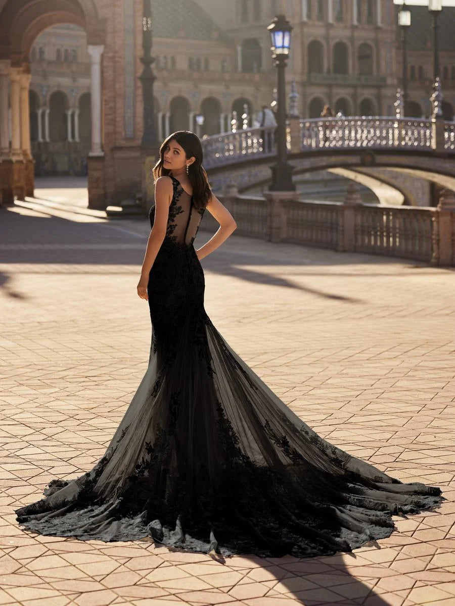 Vestido de novia de sirena bordado de encaje negro, vestidos elegantes sin mangas personalizados, vestido largo de tul de cola femenina