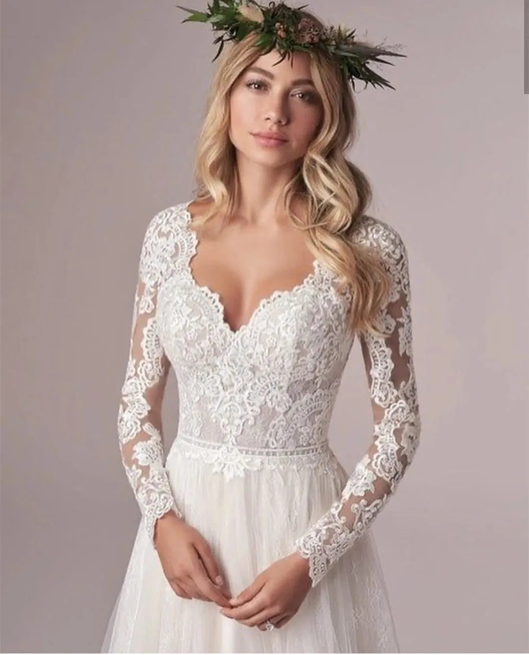 Lsyx Bohemian Long Sleeves Wedding Dress For Women Corset Low Back Floor Length Lace Appliques White Tulle Chiffon Bridal Gown White Floor length