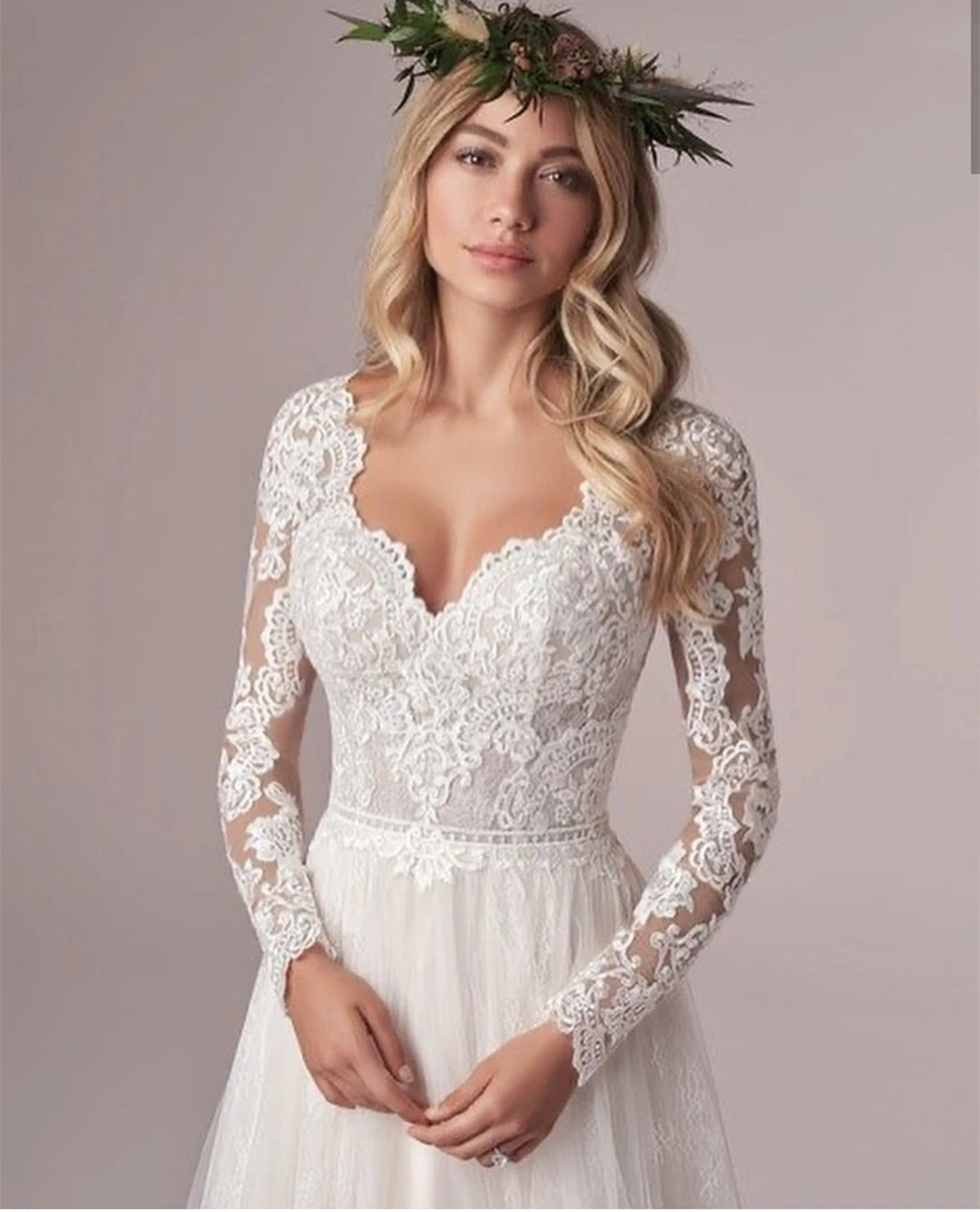 LSYX Bohemian Lengan Panjang Pakaian Perkahwinan Untuk Wanita Korset Rendah Lantai Lantai Renda Panjang Lace White Tulle Chiffon Gaun Pengantin