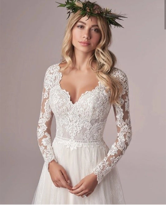 Lsyx – robe de mariée bohème à manches longues, Corset, dos bas, longueur au sol, avec des Appliques en dentelle, en Tulle blanc, en mousseline de soie