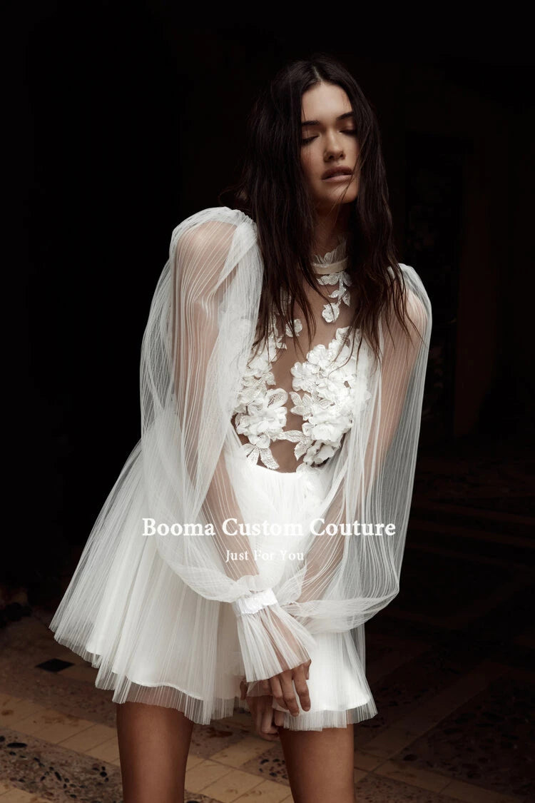 Einfache rückenlose kurze Brautkleider Langarm Falten Tüll Mini Braut Kleider Blumen Illusion Zivile Hochzeitskleider