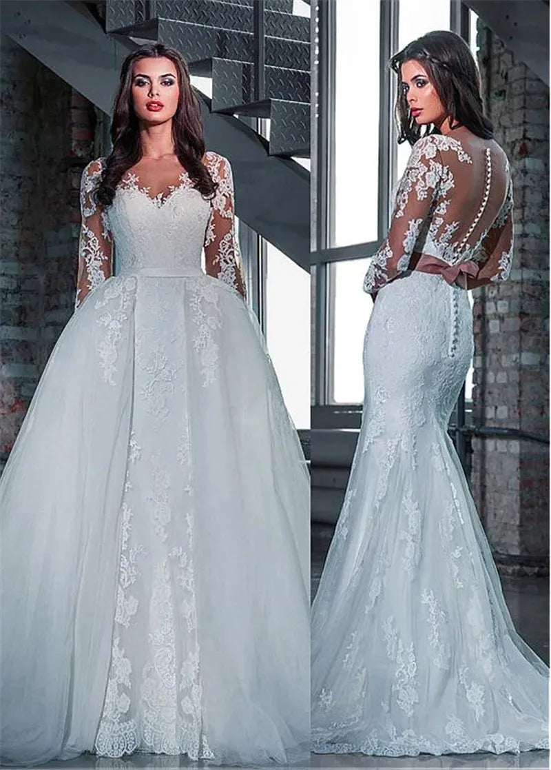Sheer Long Sleeves Mermaid Wedding Dresses With Detachable Train Long Custom Made Bridal Gowns Two Pieces WHITE