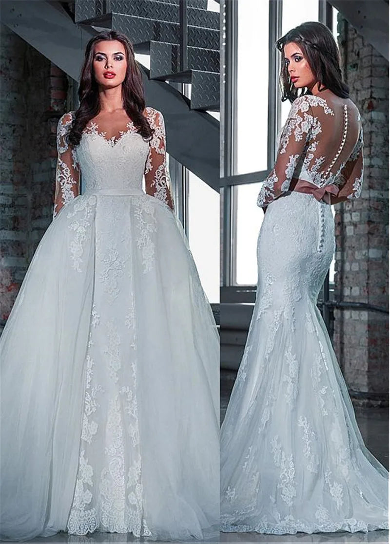 Sheer Long Sleeves Mermaid Wedding Dresses With Detachable Train Long Custom Made Bridal Gowns Two Pieces