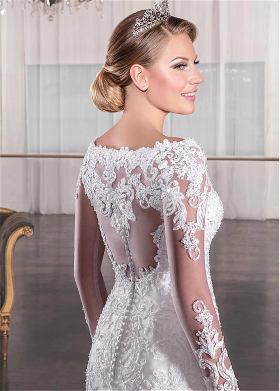 2021 Luxury V-neck Tulle With Applique Lace Mermaid Wedding Dress With Long Sleeve Wedding Gowns vestido de noiva