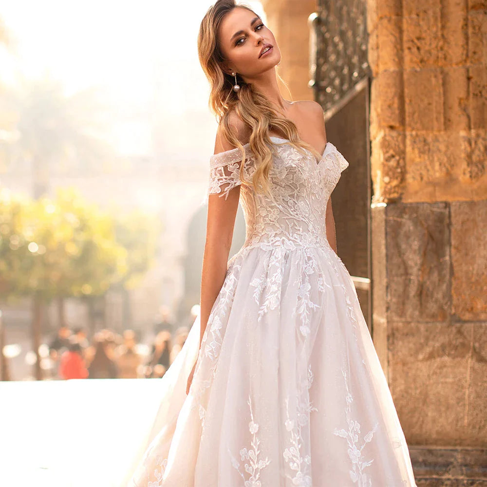 Gorgeous Ball Gown Wedding Dress Exquisite Off The Shoulder Sweetheart Lace Glitter Tulle Sweep Train Corset Bridal