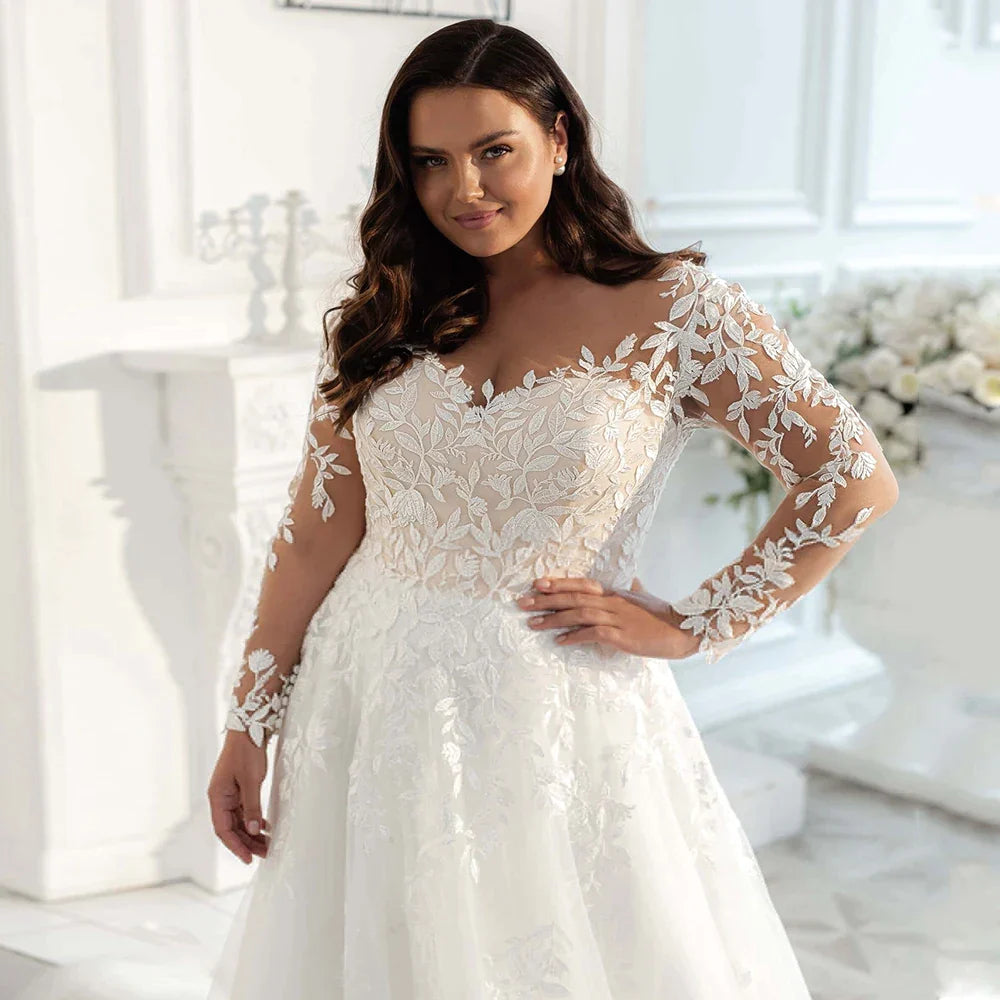 Vintage Lace Wedding Dresses Plus Size Elegant Big Women's Long Sleeves Scoop A Line Tulle Bridal Gowns