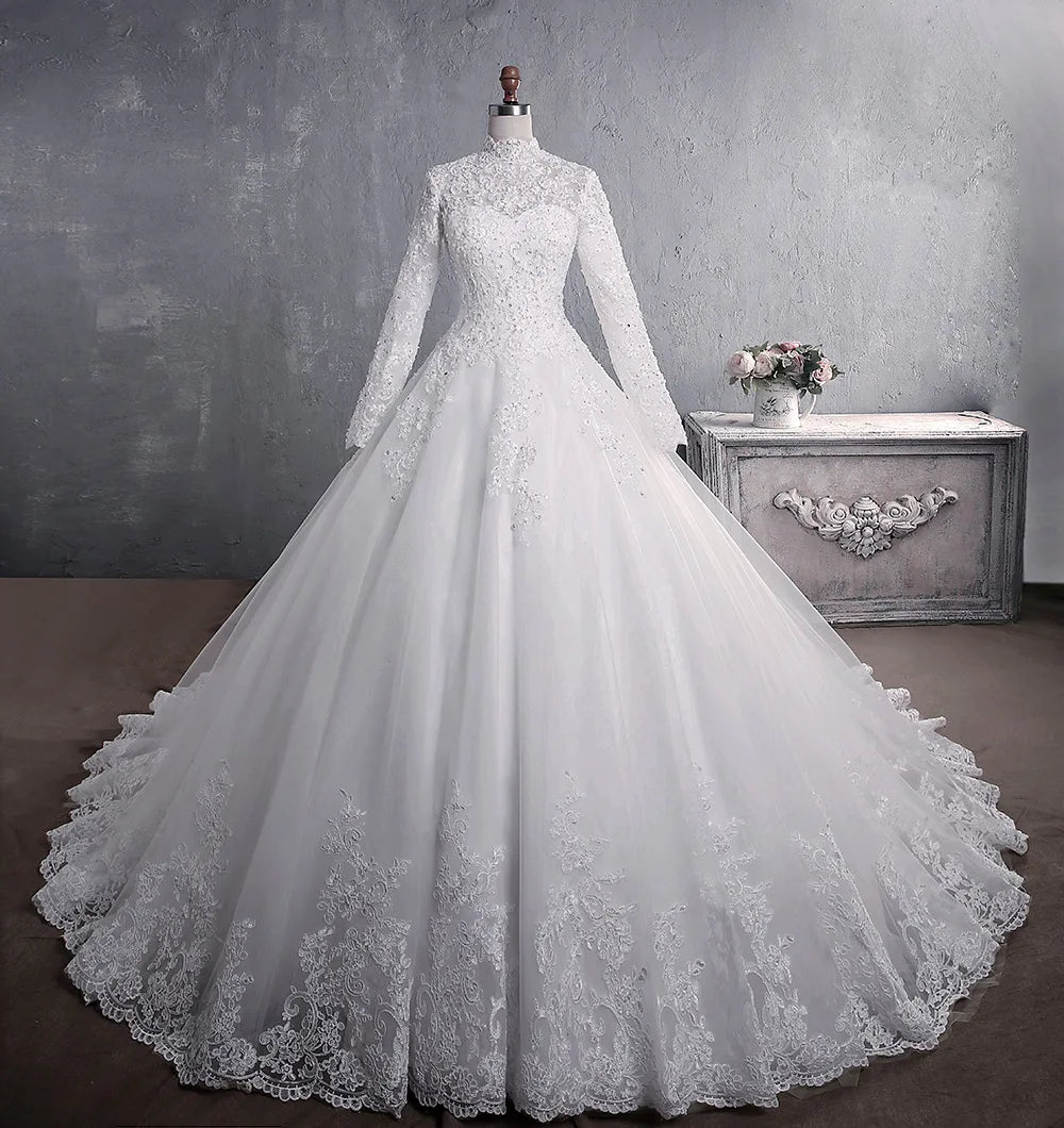 Muslimisches Hochzeitskleid eleganter hoher Hals mit Zug Prinzessin Braut Kleid Luxus Lace Stickerei Hochzeitskleid Vestido de Noiva