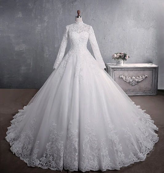 Muslim Wedding Dress Elegant High Neck With Train Princess Bride Dress Luxury Lace Embroidery Wedding Gown Vestido De Noiva