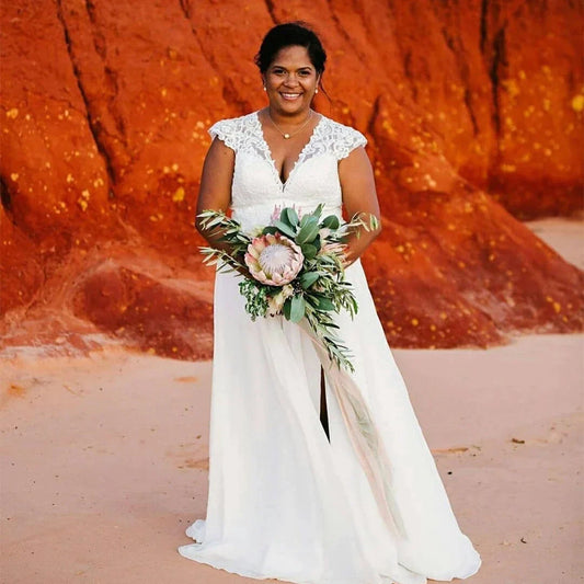 Plus saiz v leher gaun pengantin renda atas lengan lengan atas berpecah terbuka belakang chiffon vestido de novia pantai gaun pengantin gading putih