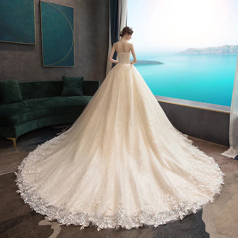 Gaun Perkahwinan Gryffon Gaun Perkahwinan Strapless Klasik Dengan Keretapi Renda Up Ball Gown Lace Lace Robe De Mariee