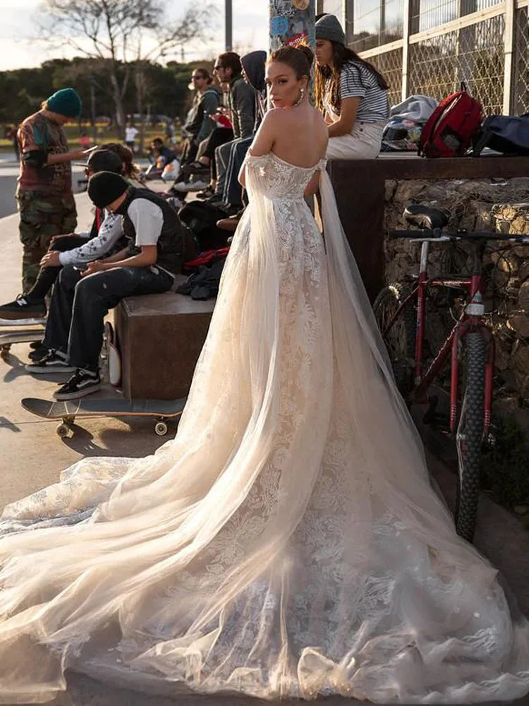 Off the Shoulder Lace Wedding Dresses Sweetheart Beach Boho Bridal Gowns Zipper Sweep Train Princess Wedding Dress Ivory 14W