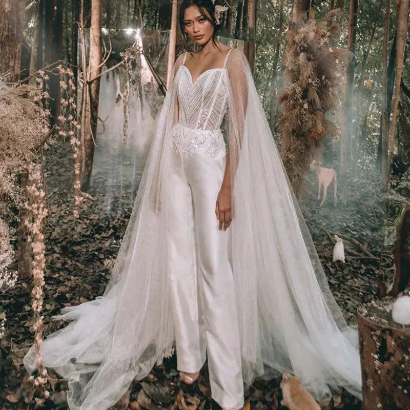 Sparkle Sweetheart Wedding Jumpsuits Beads Long Shoulder Train Pants For Wedding Backless Wedding Suits Vestido de Novia 14w