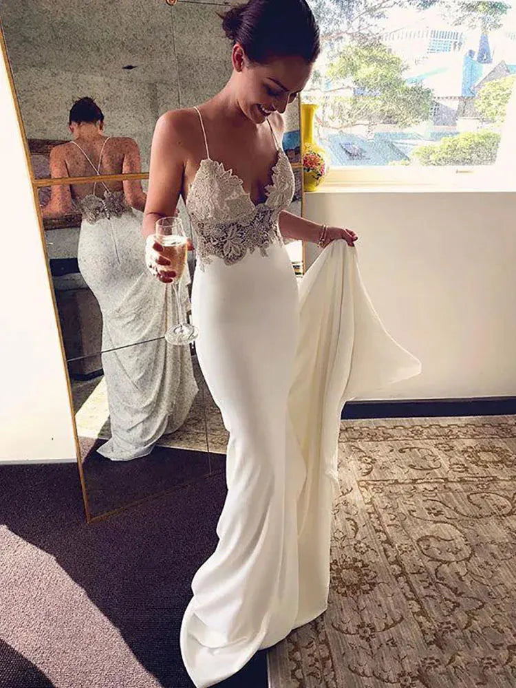 Mermaid Wedding Dress Soft Satin Vestidos de novia Vintage Lace Spaghetti Strap Bridal Dresses Wedding Gowns 100cm