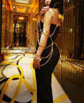 Runway Fashion Maxi Long Bandage Dress Open Fork Chains Strap Fashion Beading Bandage Dress Cocktail Party Bodycon Dresses