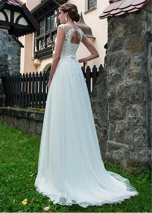 Hot Sale O-neck Sleeveless Top Embrodiery Tulle Keyhole Back Design Sweep Train A-line Beach Wedding Dresses robe de mariee 2021