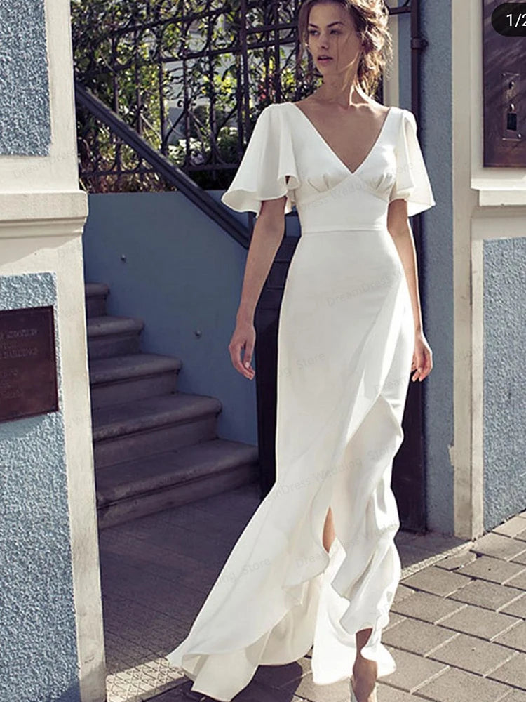 Boho Hochzeitskleid Einfacher Strand Sommer Kurzarm V-Ausschnitt Chiffon Rückenless Robe de Mariee Gepflegt für Frauen Brautkleider