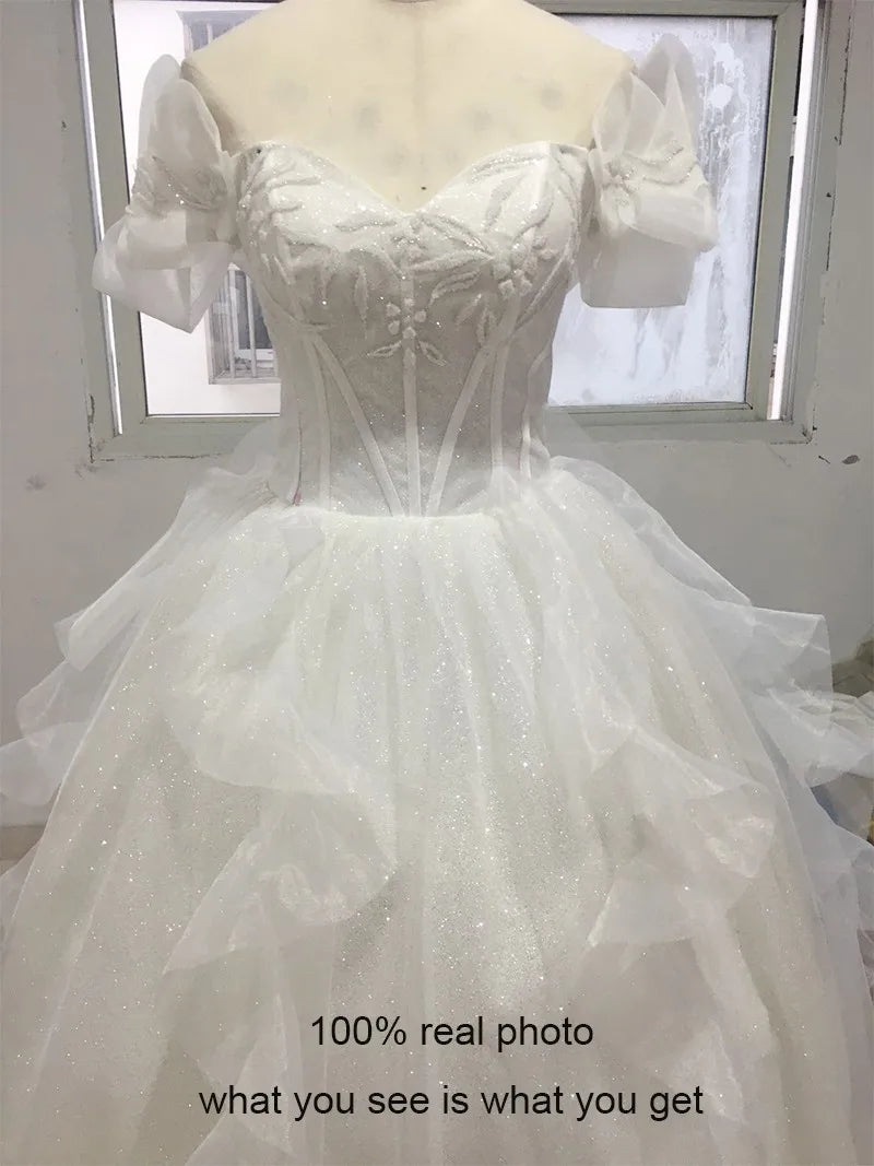 Boat Neck Wedding Dress Luxury Lace Embroidery Bridal Ball Gown Classic Off The Shoulder Wedding Gown Customize Plus Size