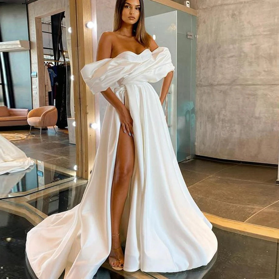 Satin Wedding Dress Off Shoulder High Slit Strapless Draped Women Formal Gowns Elegant Short Sleeves Bridal Dresses Vestidos