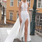 Chiffon Wedding Dresses Sexy Slit High Neck A Line 3D Floral Lace Applique Backless Bridal Dress Wedding Gown Plus Size