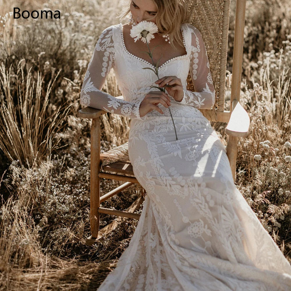 Boho koronkowe sukienki ślubne syreny długie rękawy kwadratowy dekolt trąbka bohemian ślubna suknie ślubne seksowne sukienki ślubne