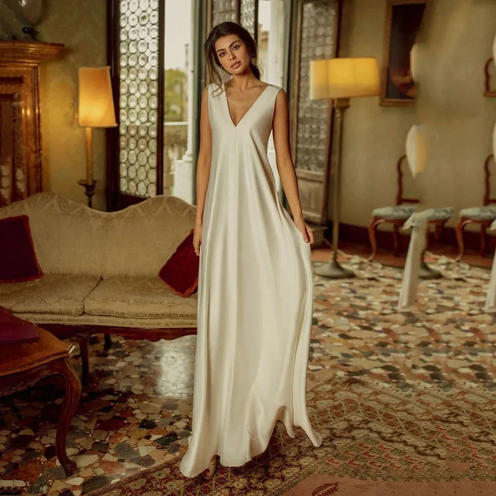 Simple Wedding Dress For Women High Waist Sexy V Neck Empire Satin Bridal Gown With Bow knot Civil Vestido De Novia Custom Made 14w