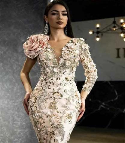 Vestido de noche árabe de lujo, vestidos largos de sirena con cuentas de cristales, vestidos de fiesta de Dubái, vestido de fiesta de celebridades, tren desmontable, ropa para eventos