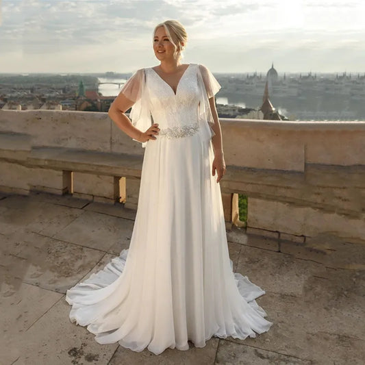 Gaun pengantin sifon ukuran plus boho lengan pendek v-neck a-line dengan sabuk ukuran besar custom dibuat gaun pengantin vestidos de novia