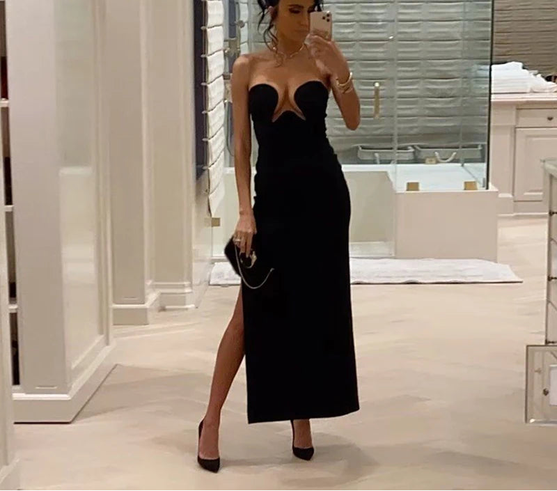 Black Long Dresses for Women Sexy Strapless Sleeveless Side Split Celebrity Party Club Bandage Maxi Gown