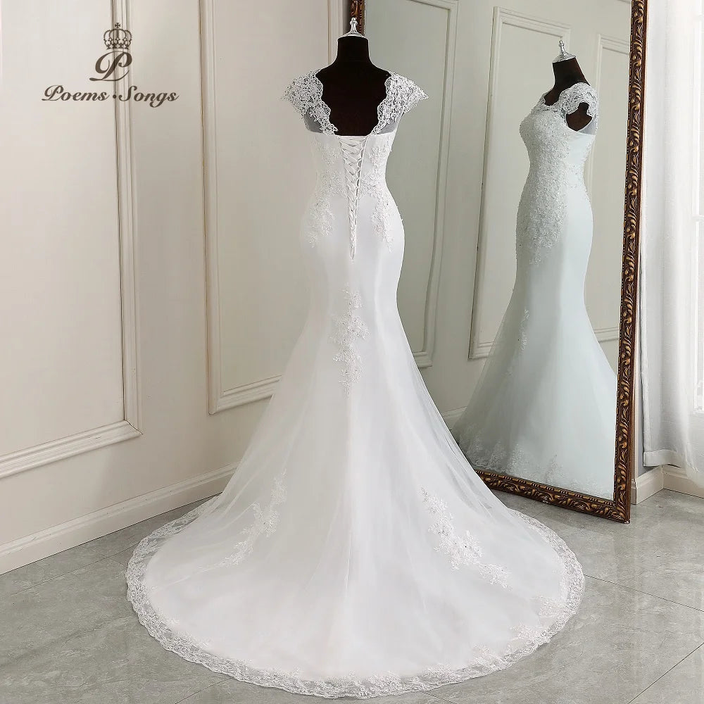Gaun elegan duyung pakaian perkahwinan duyung lengan lengan gaya renda appliques gaun pengantin moden vestidos de noiva gaun elegan putih
