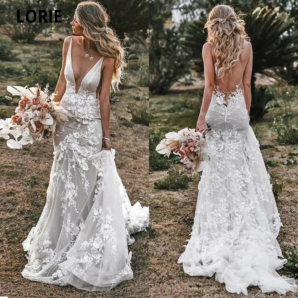 Vintage Mermaid Wedding Dresses V-neck Backless Lace Appliques 3D Flowers Country Bridal Gown Plus Size Custom Made
