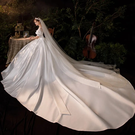 Robe De Noiva nouveau classique Satin 1m chapelle Train robe De bal doux manches bouffantes princesse luxe robe De mariée grande taille