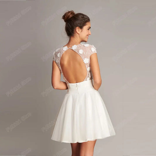 Princess curto vestido de noiva flor romântica Mini -saia o pescoço manga sexy sem costas vestidos de novia feita para mulheres