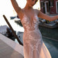 A-line V-neck Tulle Wedding Dresses Bohemian Lace Appliques Bridal Gown Sleeveless Beach Wedding Gown Princess Party Dress